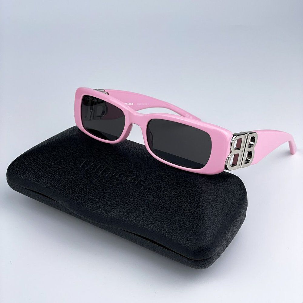 NEW Balenciaga BB0096S 012 Pink Silver Logo Grey Rectangle Unisex Sunglasses - Picture 3 of 13